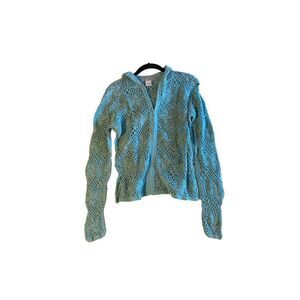 Vintage, modern soul, women’s robin, egg, blue crochet, zip, hooded jacket, Sm